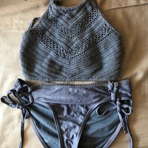 Blue Crochet High Neck Halter Bikini Set